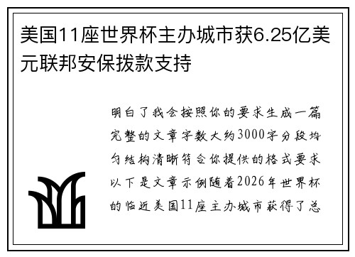 美国11座世界杯主办城市获6.25亿美元联邦安保拨款支持 美国11座世界杯主办城市获6.25亿美元联邦安保拨款支持